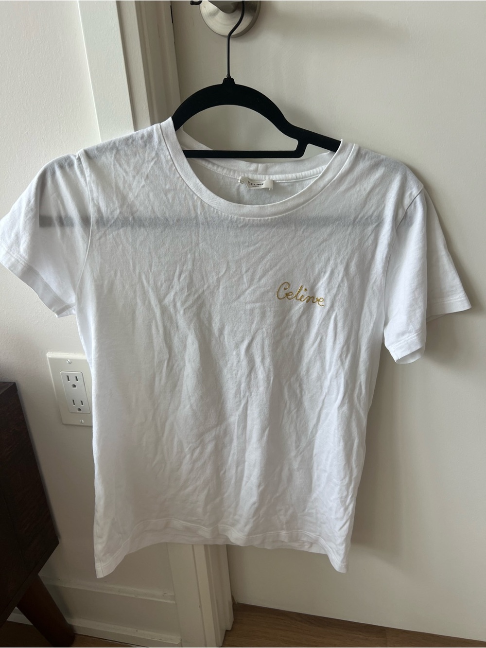 Celine White Short Sleeve Tee with Gold Script Logo